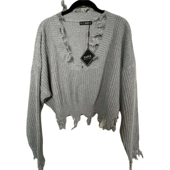 ZAFUL Women's Loose Long Sleeve V-Neck Ripped Pullover Sweater Crop Top One Size - Picture 1 of 4